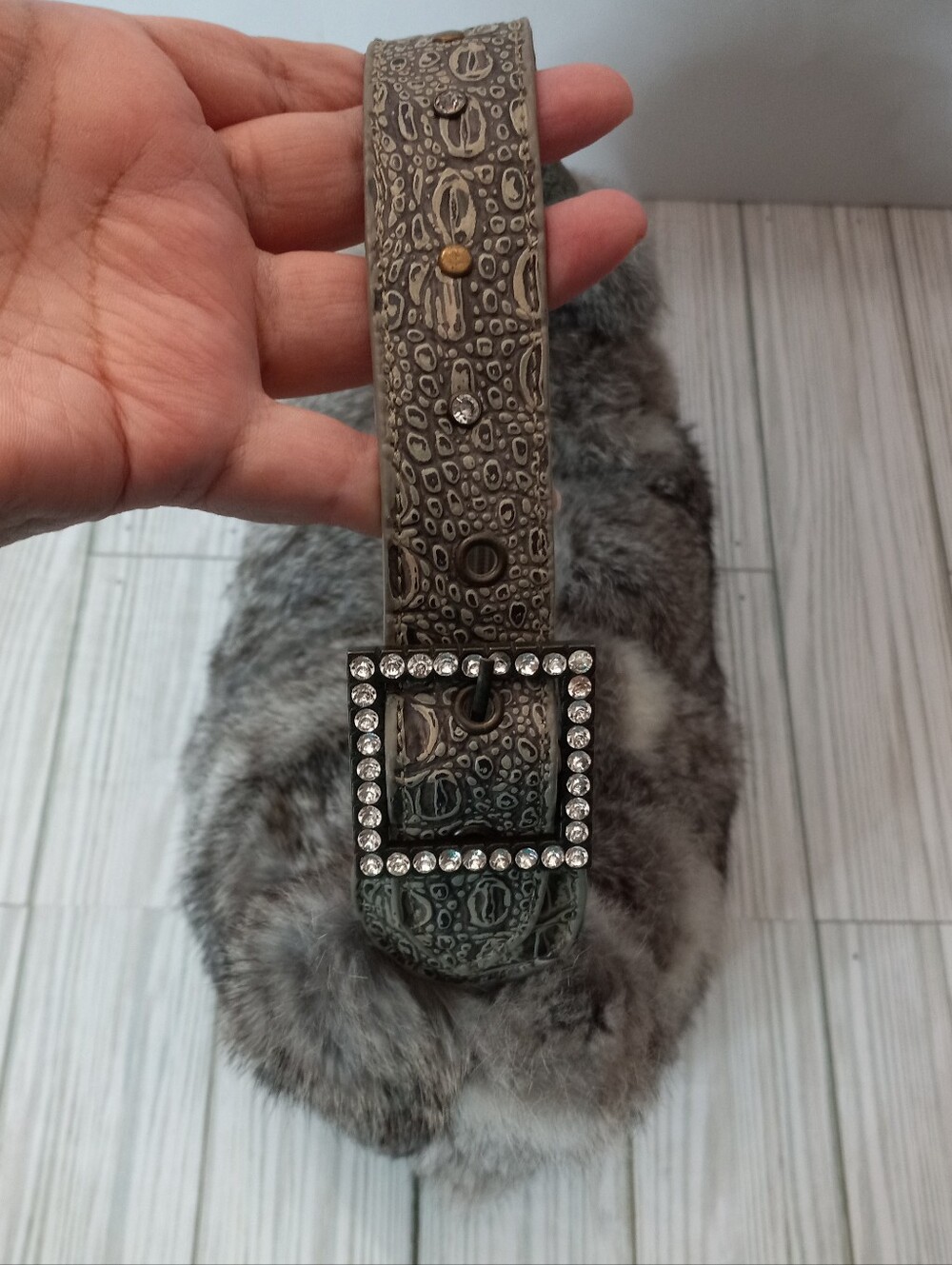 Y2K Faux Fur Indie Sleeze Rhinestone Studded Bag - Picture 5 of 13
